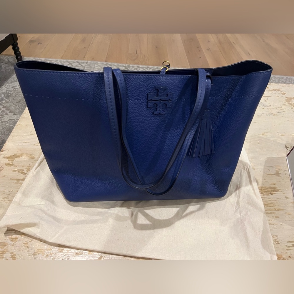 Tory Burch Blue Pebbled Leather Tote with Tassel